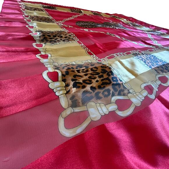 Vintage Leopard‎ Chain Scarf Satin Square Red Gold Animal Print 41” - Picture 3 of 5